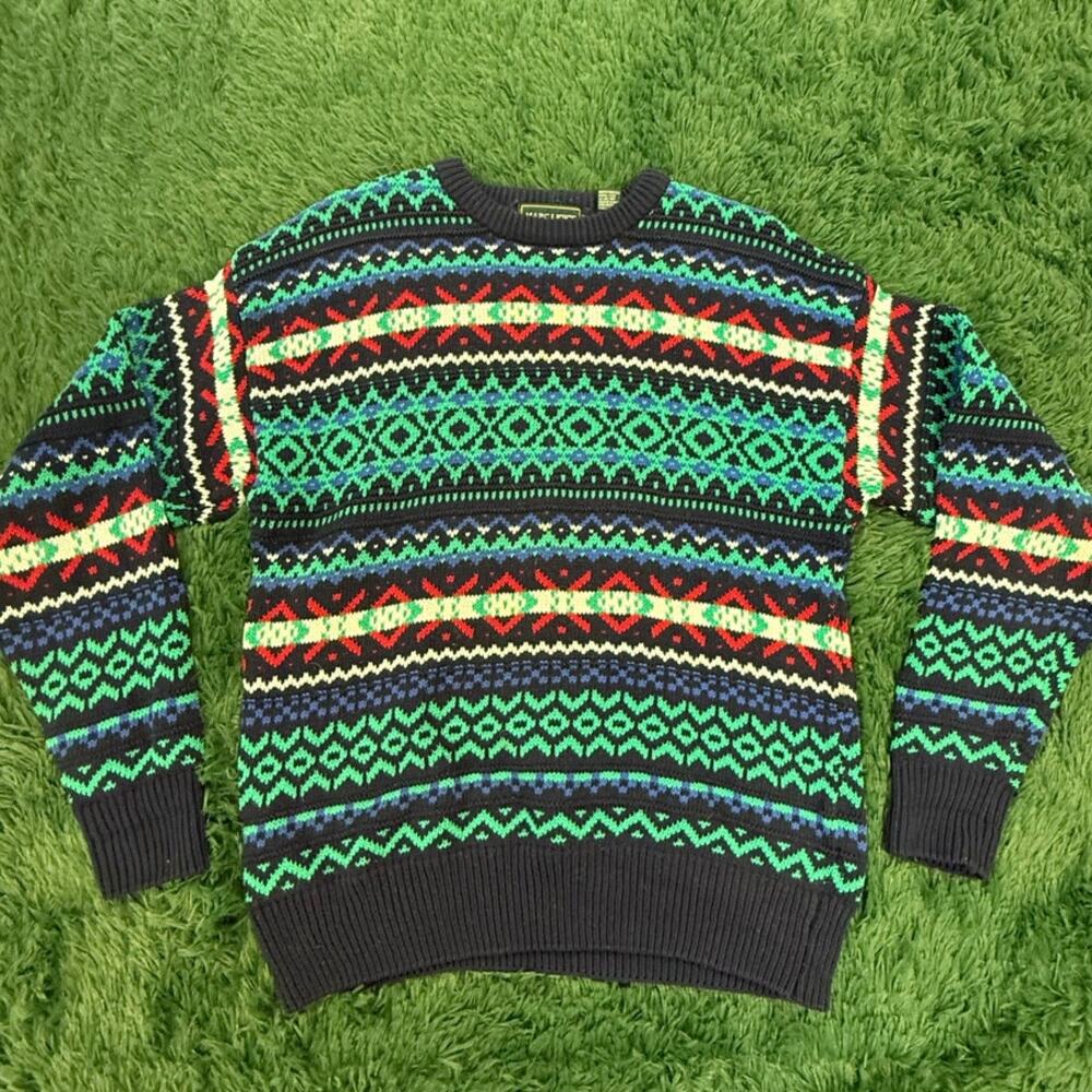 80s Marc Lewis Asymetric Green | Blue Cotton Knit Sweater Sz Large VTG